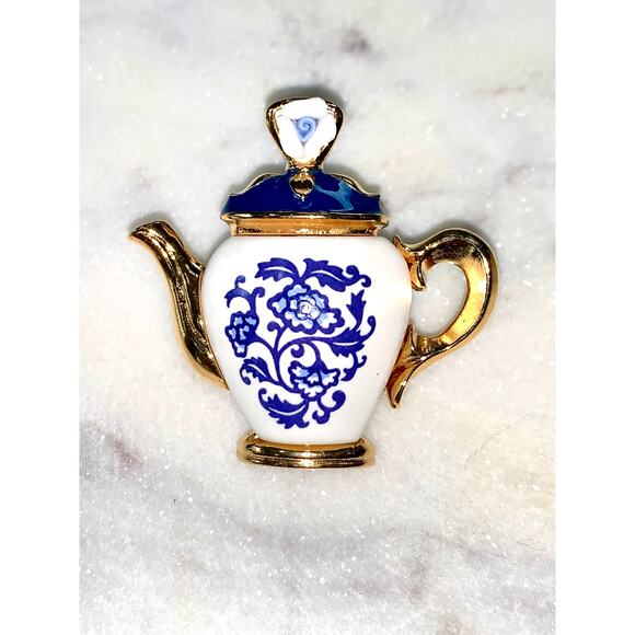 Avon Jewelry - Vintage Avon Gold Tone White & Blue Ceramic Porcelain Flower Teapot Brooch Pin